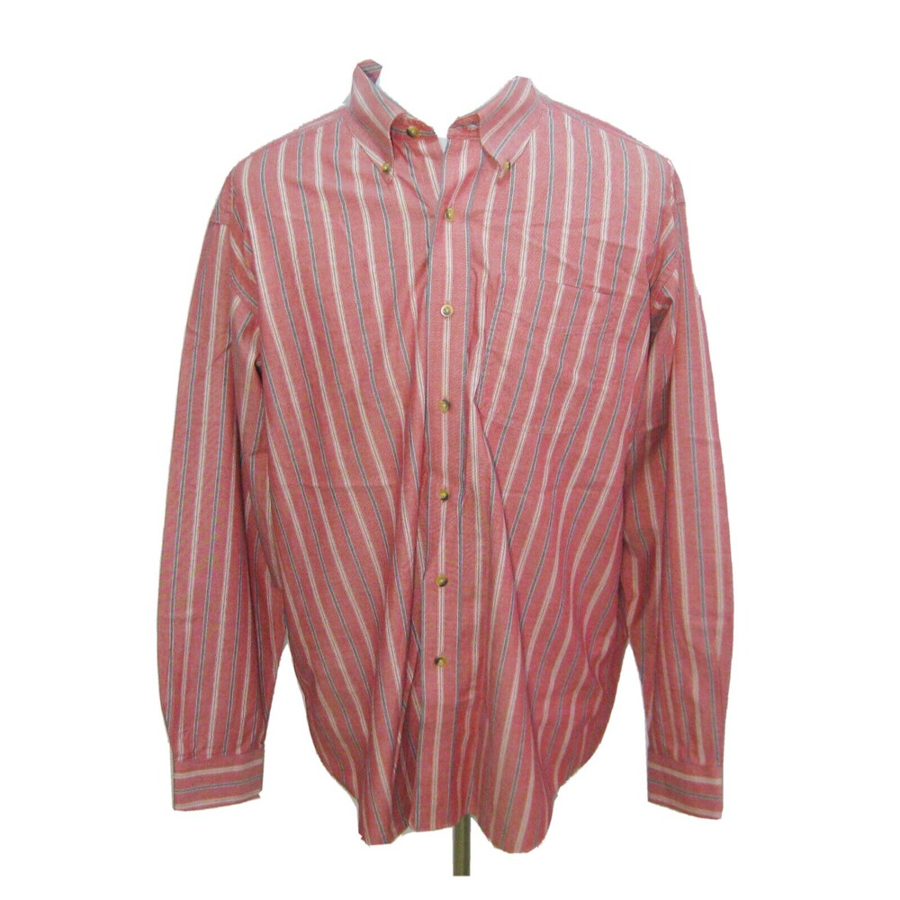 L.L. BEAN Men's Large Red Striped Long Sleeve Button Front Shirt 100% Cotton Top
